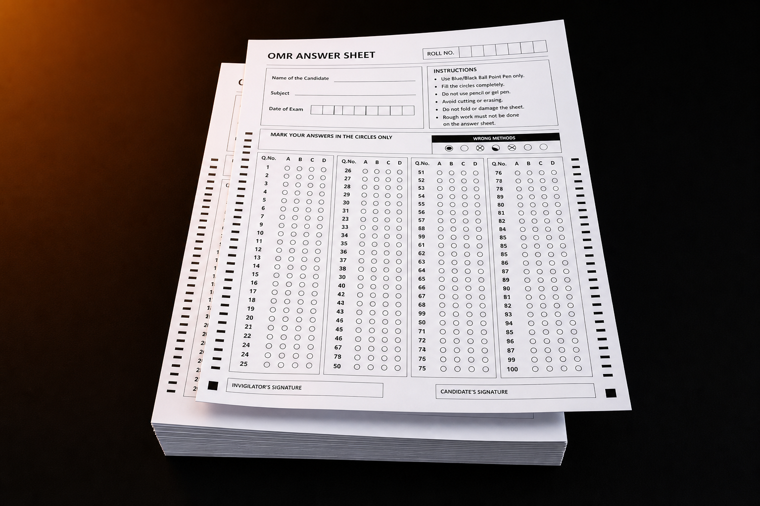 Pack of 50 OMR exam answer sheets